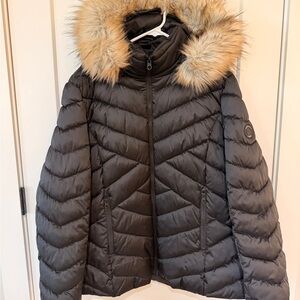 Nautica Women's Black Puffer Jacket with Faux Fur Hood